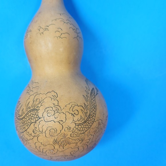 Chinese Carved Dragon Gourd Branched Horns Writing 7 in. High Real - Picture 4 of 10